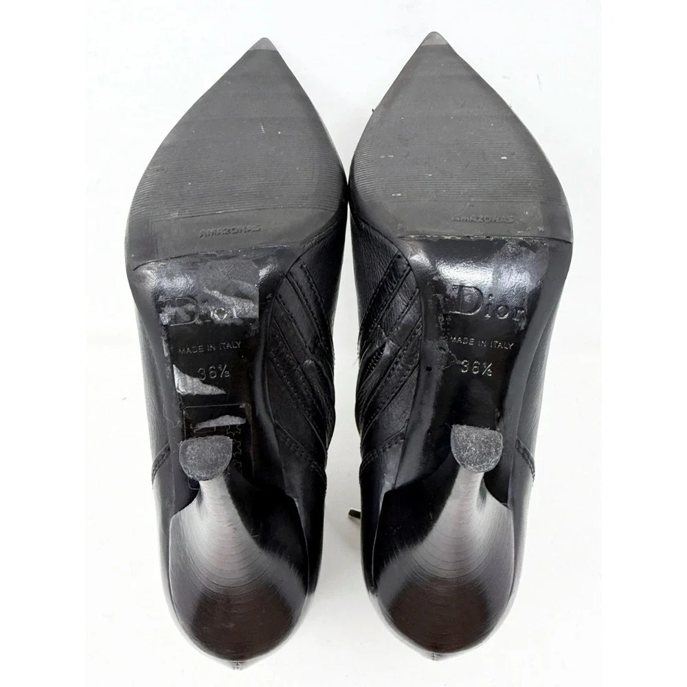 Dior Galliano Vintage Y2K Black Leather D Logo Pointed Toe Ankle Boots 36.5